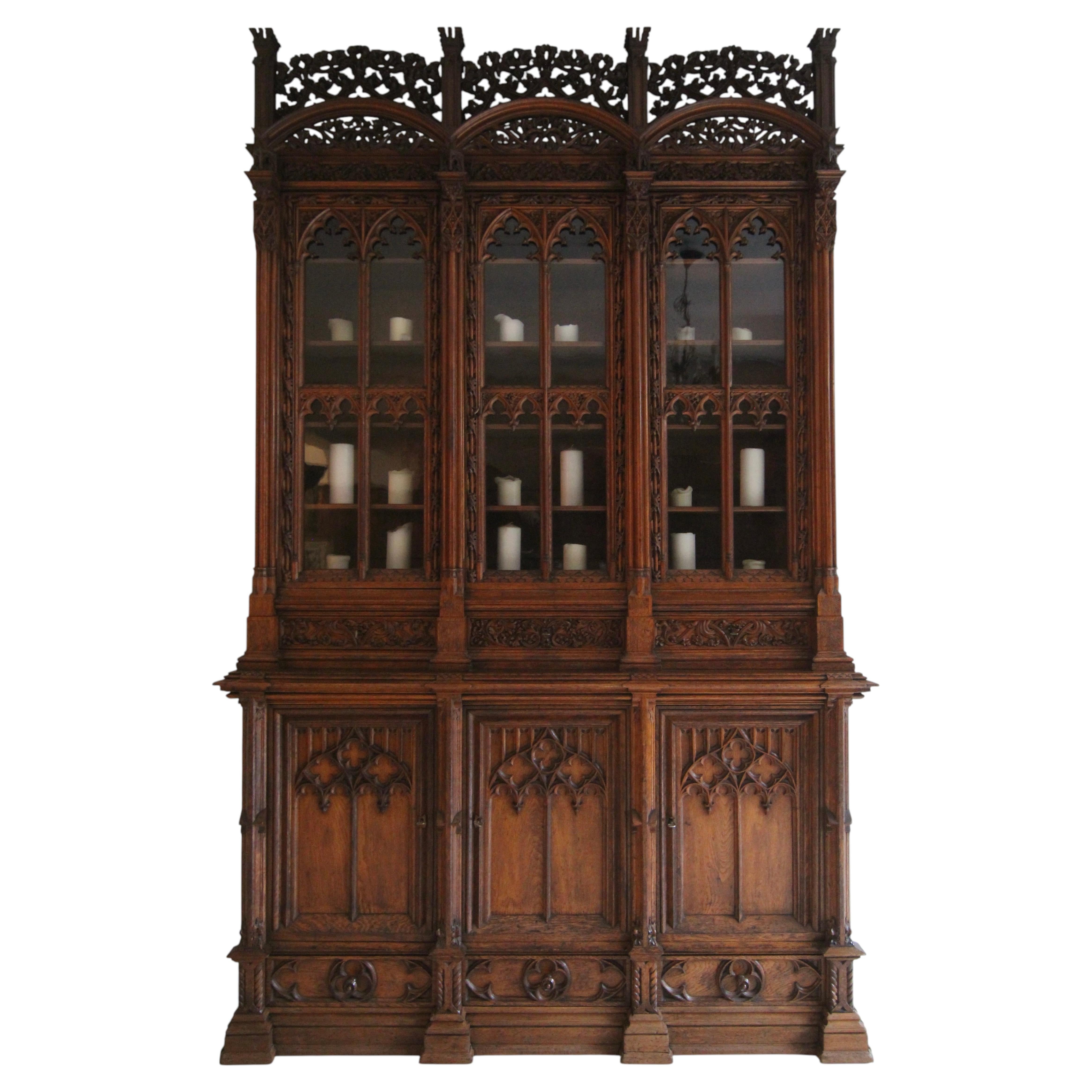 Large German Gothic Revival Carved Oak Cabinet or Bookcase, Signed, Dated 1883