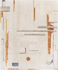 Composition v, Beige Patterned Hand Knotted Wool Silk Rug, Medium, in Stock