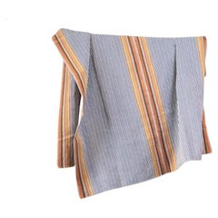 Handwoven Fine Cotton Throw in Blue Stripes with Multi-Color Trim, in Stock