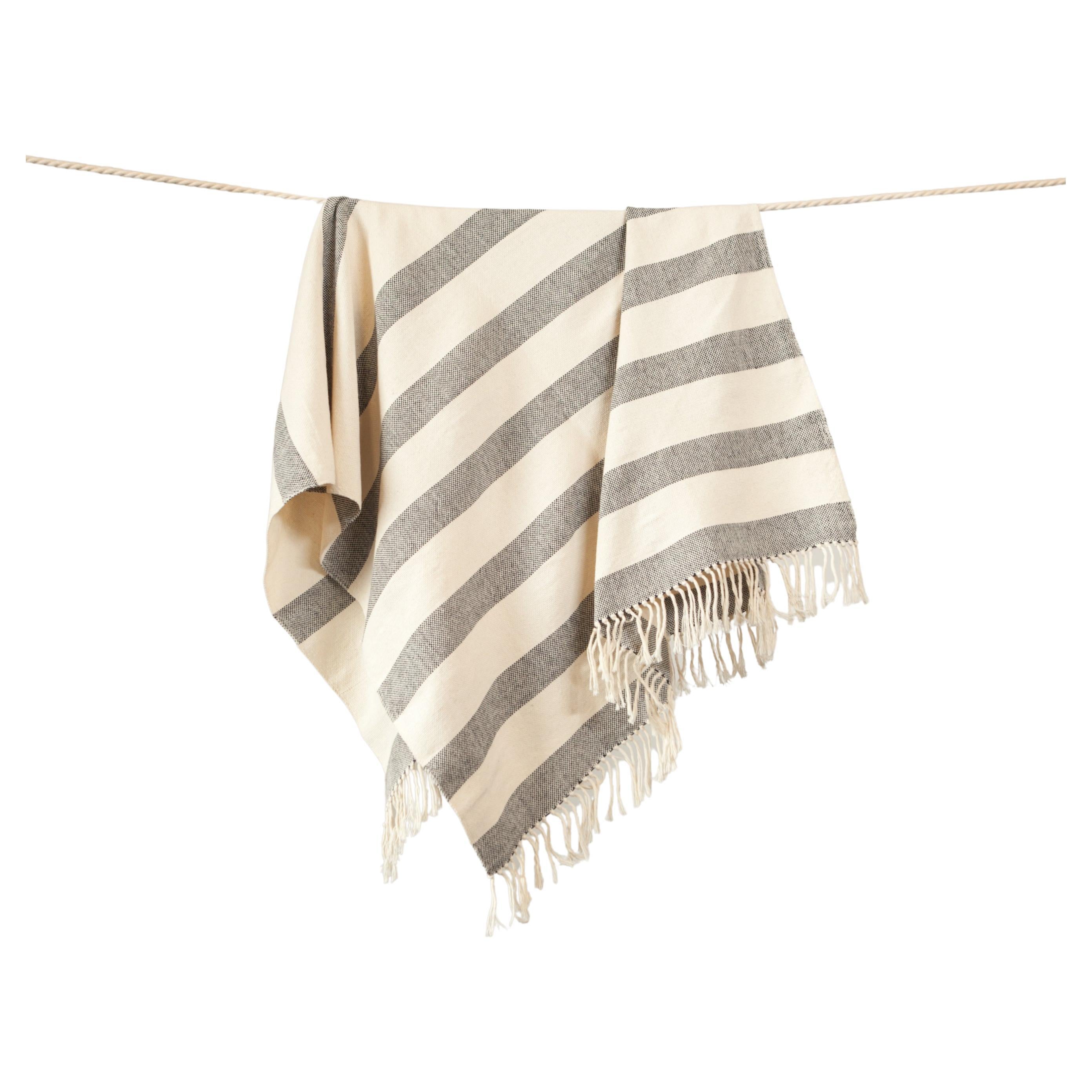 Handwoven Cotton Throw in Natural and Gray with Herringbone Hem, in