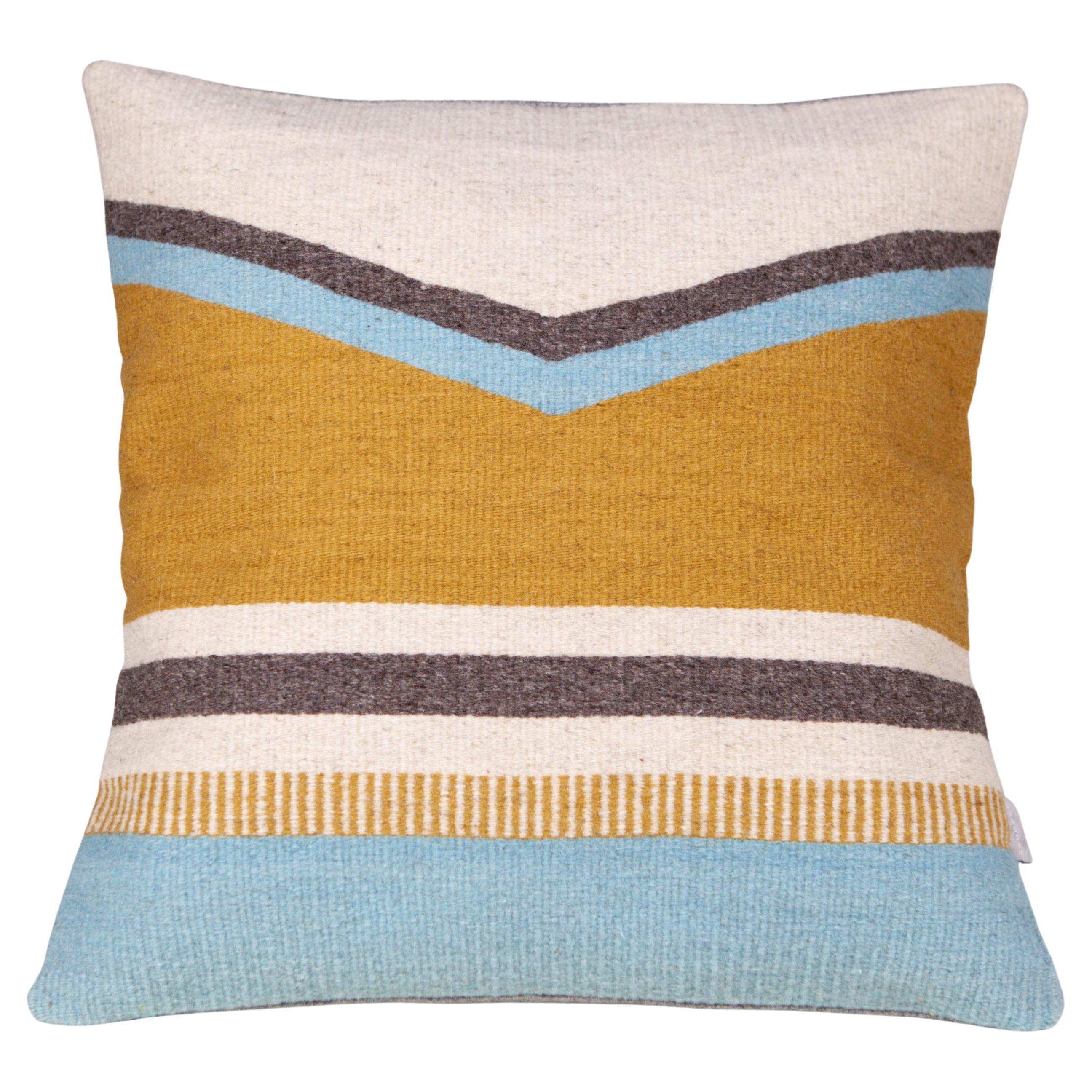 Handwoven New Boho Style Wool Throw Pillow in Ochre and Indigo, in Stock For Sale