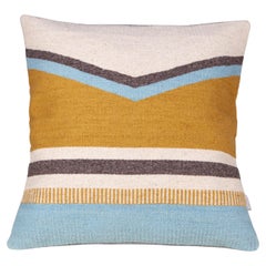 Handwoven New Boho Style Wool Throw Pillow in Ochre and Indigo, in Stock
