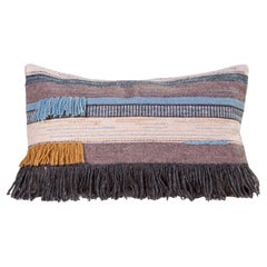 Handwoven New Boho Wool Throw Pillow in Ochre and Indigo with Fringe