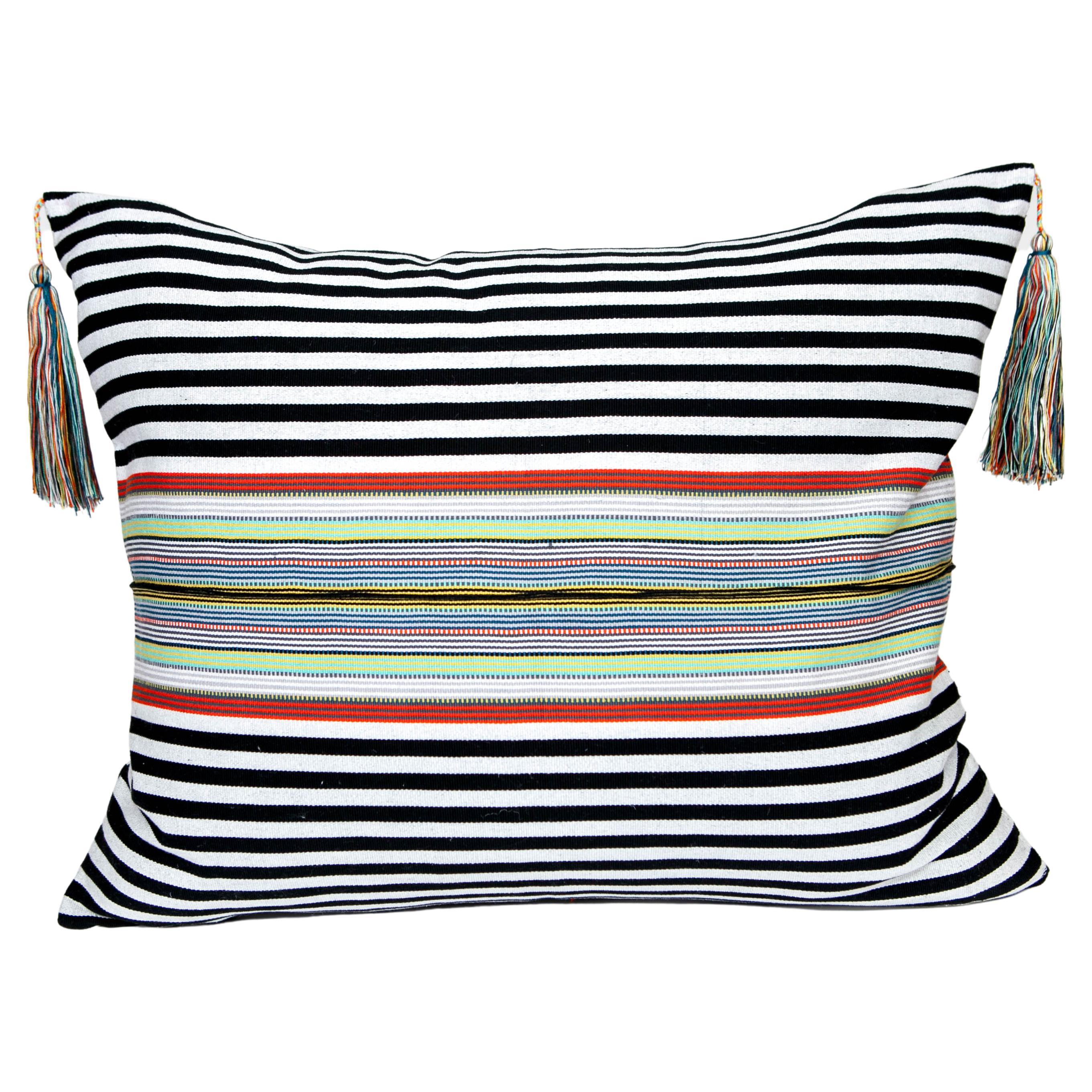 Handwoven Fine Cotton Pillow Black Stripes, MultiColor Trim and Tassel, In  Stock For Sale at 1stDibs