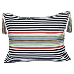 Handwoven Fine Cotton Pillow Black Stripes, MultiColor Trim and Tassel, In Stock