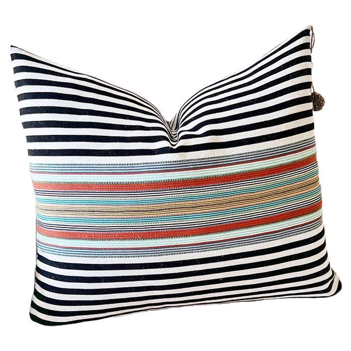 Sancri Throw Pillow - Bold Stripe Mexican Green and Red Handmade Cotton Cushion For Sale