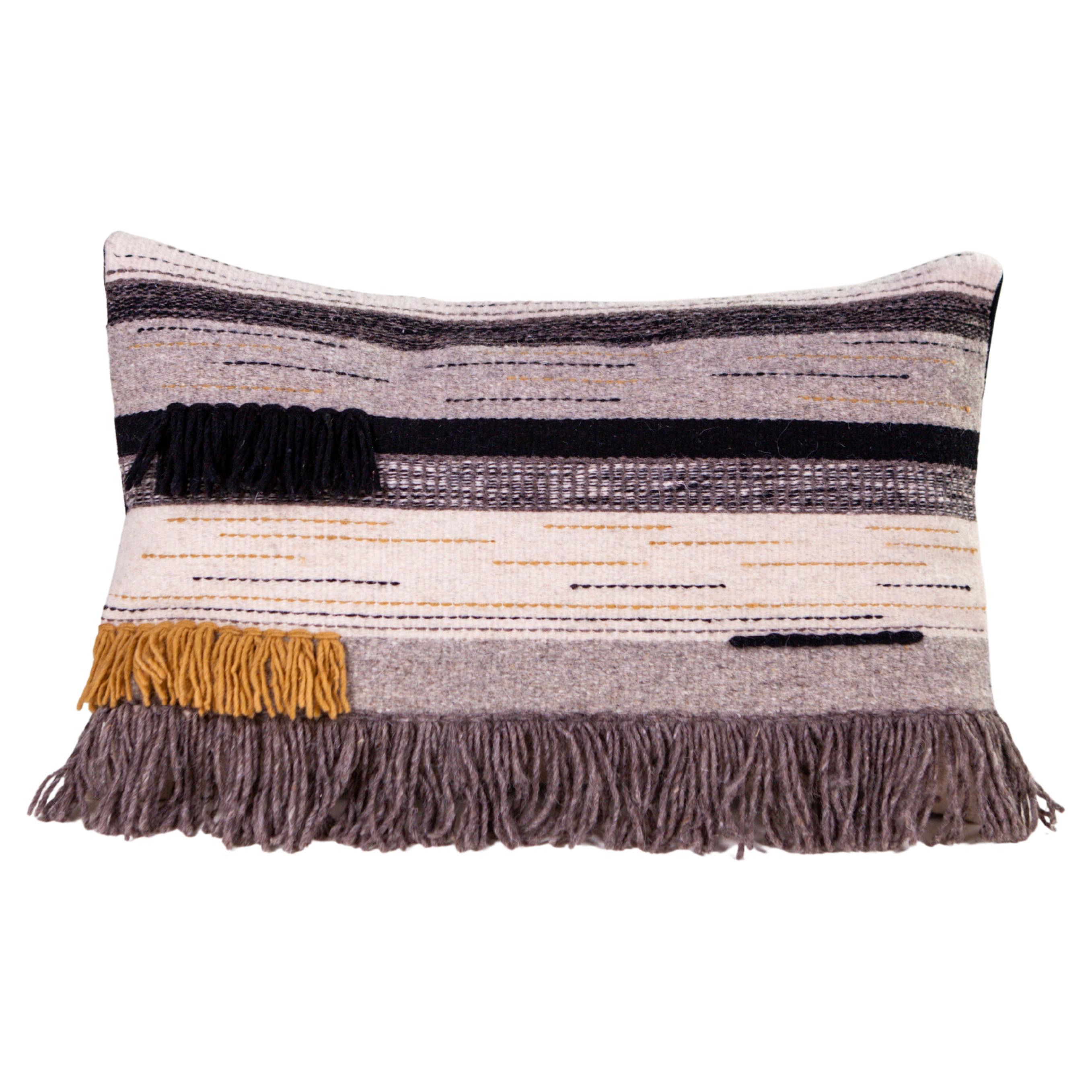 Handwoven New Boho Wool Throw Pillow in Ochre and Black with Fringe, in Stock