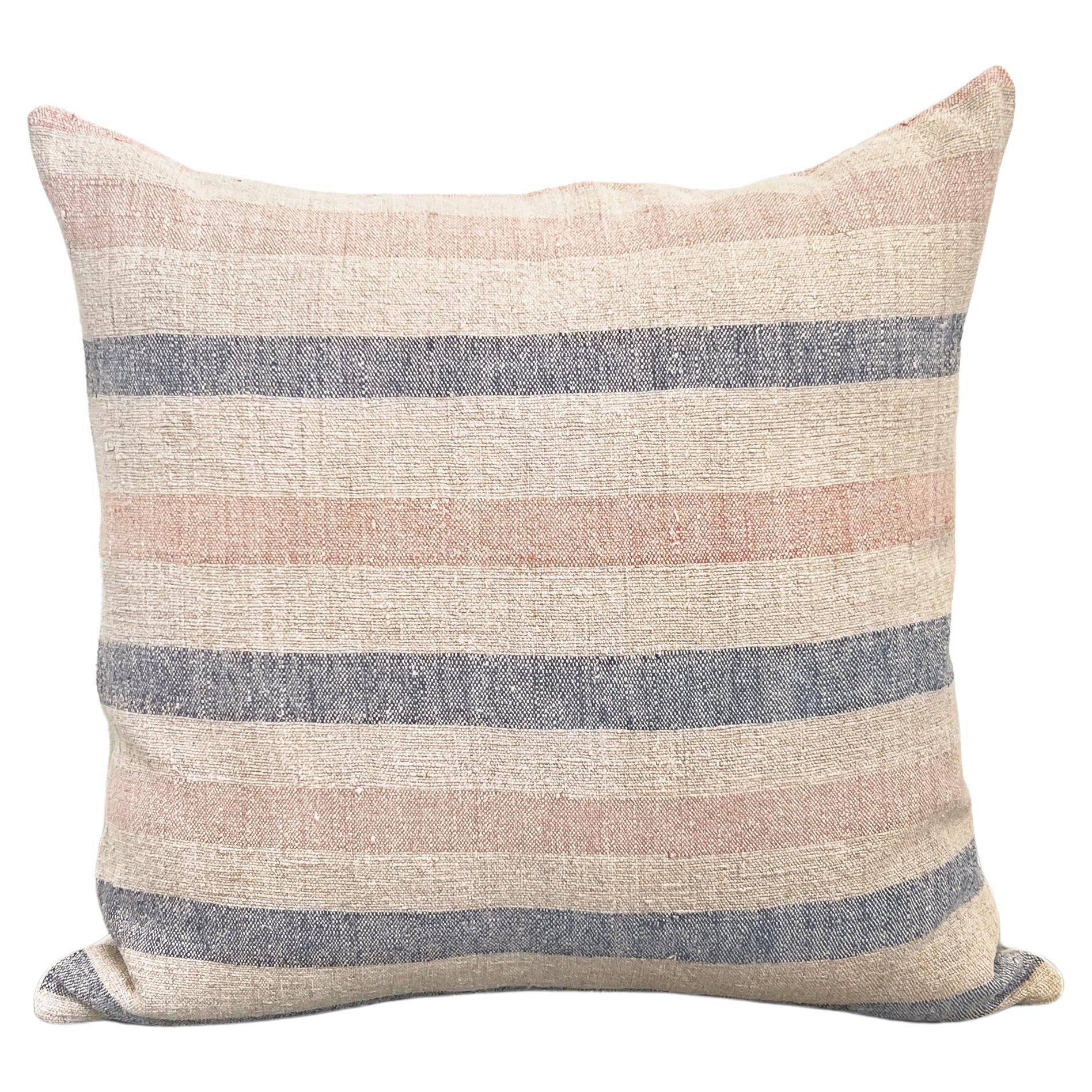 Matilde Blue and Pink Stripe Throw Pillow made from Vintage Linen For Sale