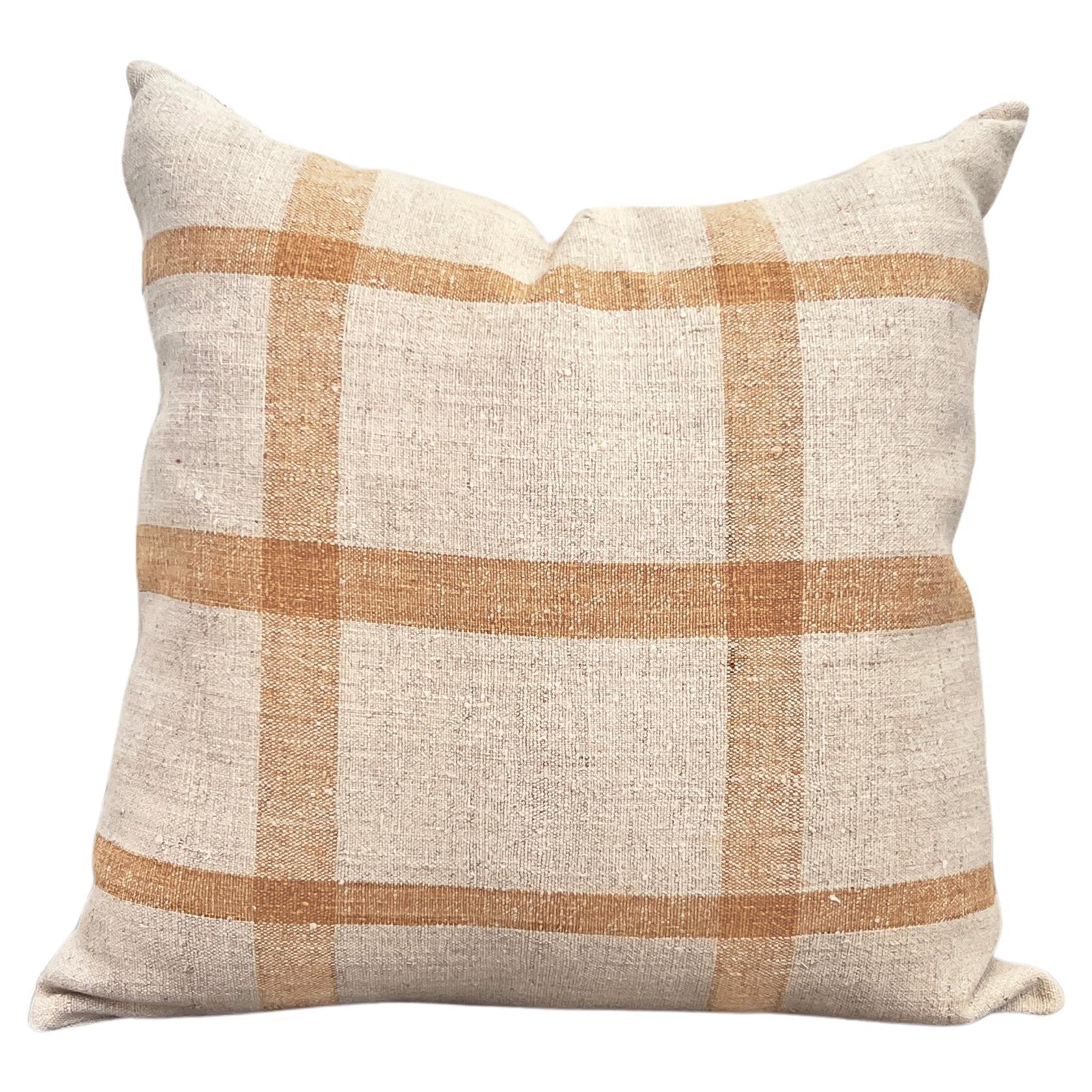 Matilde Mustard Checkered Square Throw Pillow made from Vintage Linen For Sale