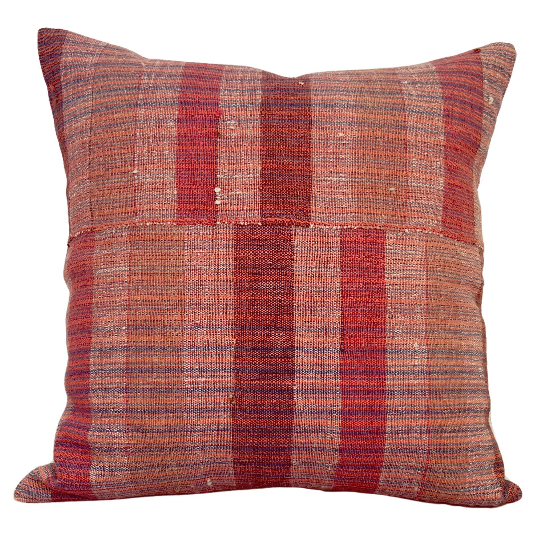Matilde Red Striped Checkered Lumbar Throw Pillow made from Vintage Linen For Sale