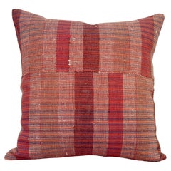 Matilde Red Striped Checkered Lumbar Throw Pillow made from Vintage Linen