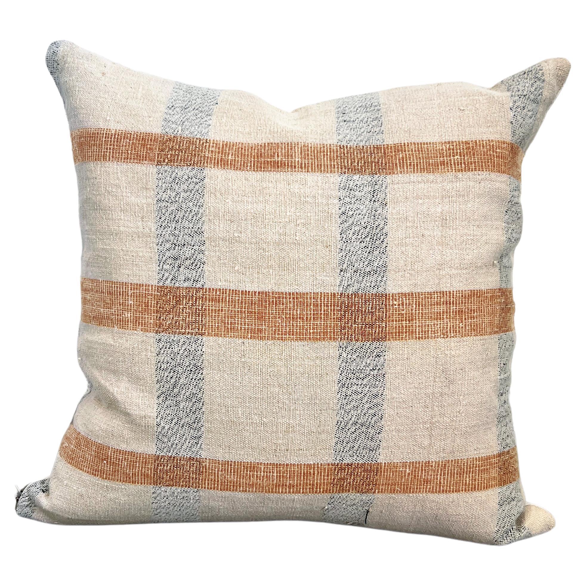 Matilde Terracotta Checkered Square Throw Pillow made from Vintage Linen For Sale