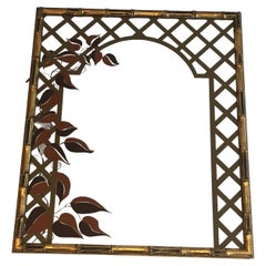 Decorative Faux-Bamboo Giltwood Mirror with Printed Floral Decor, circa 1970