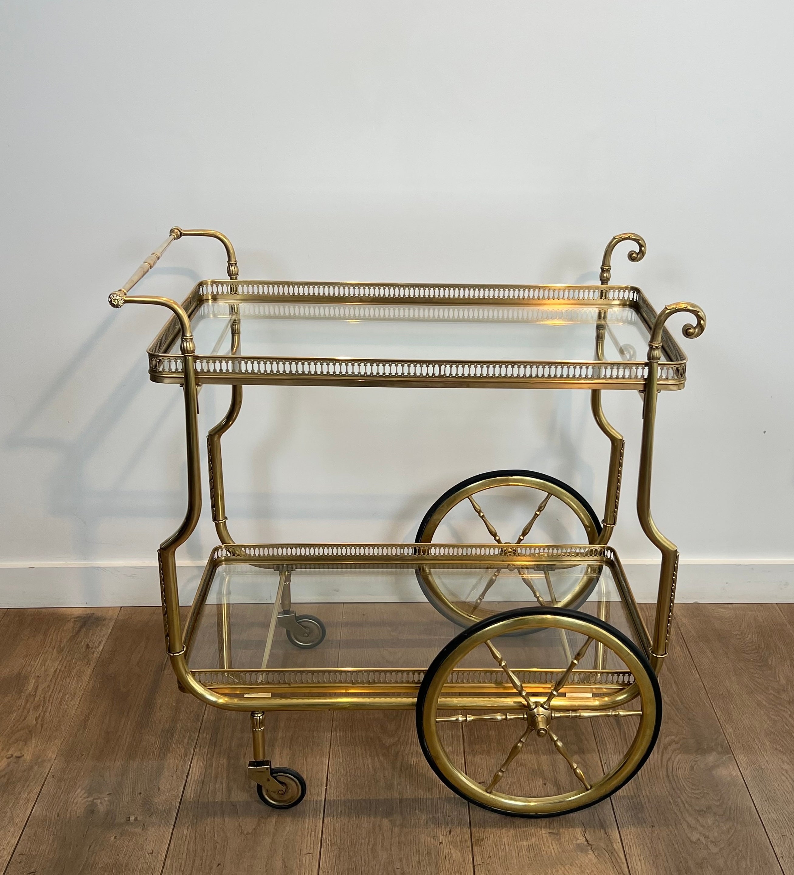 Neoclassical Style Brass Drinks Trolley with Glass Trays by Maison Jansen