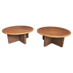 Rare Pair of Large Round Rope and Wood Coffee Table in the style of Audoux Minet