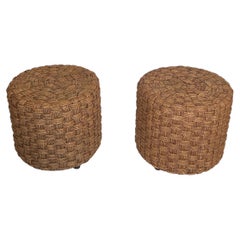 Pair of Rope Stools with Wooden Round Feet in the Style of Audoux-Minet