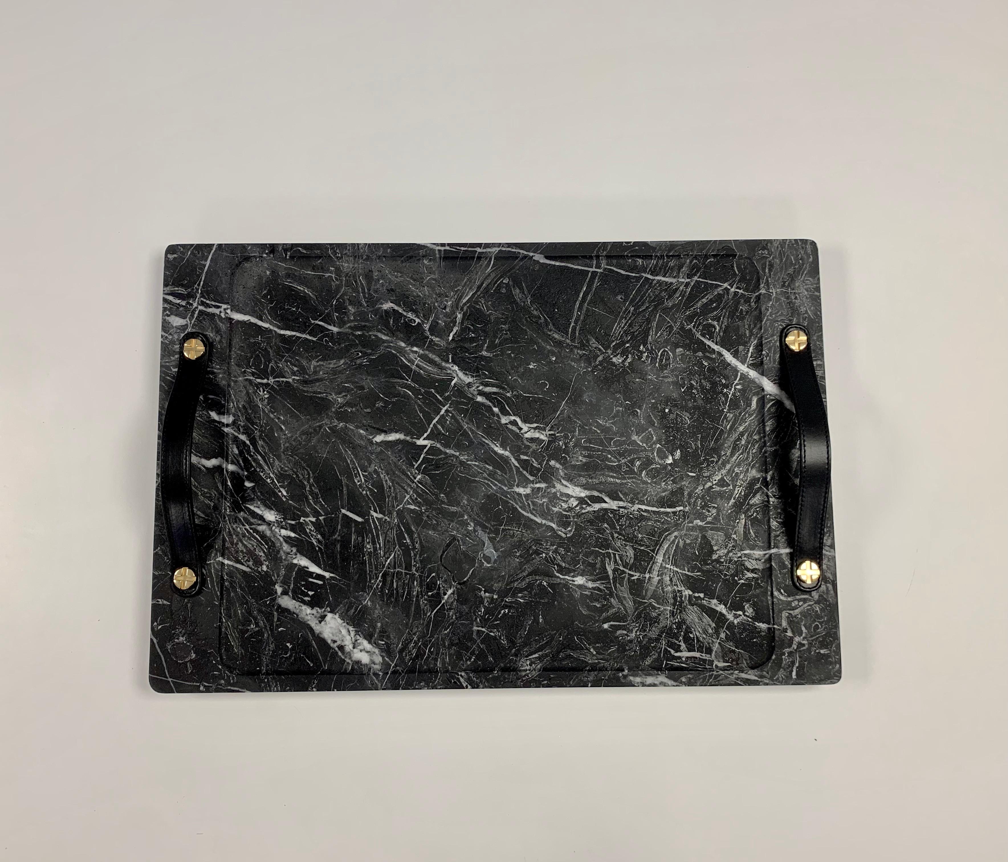 Hand-Crafted Marble Tray Marquina Color with Leather Straps, Large For Sale