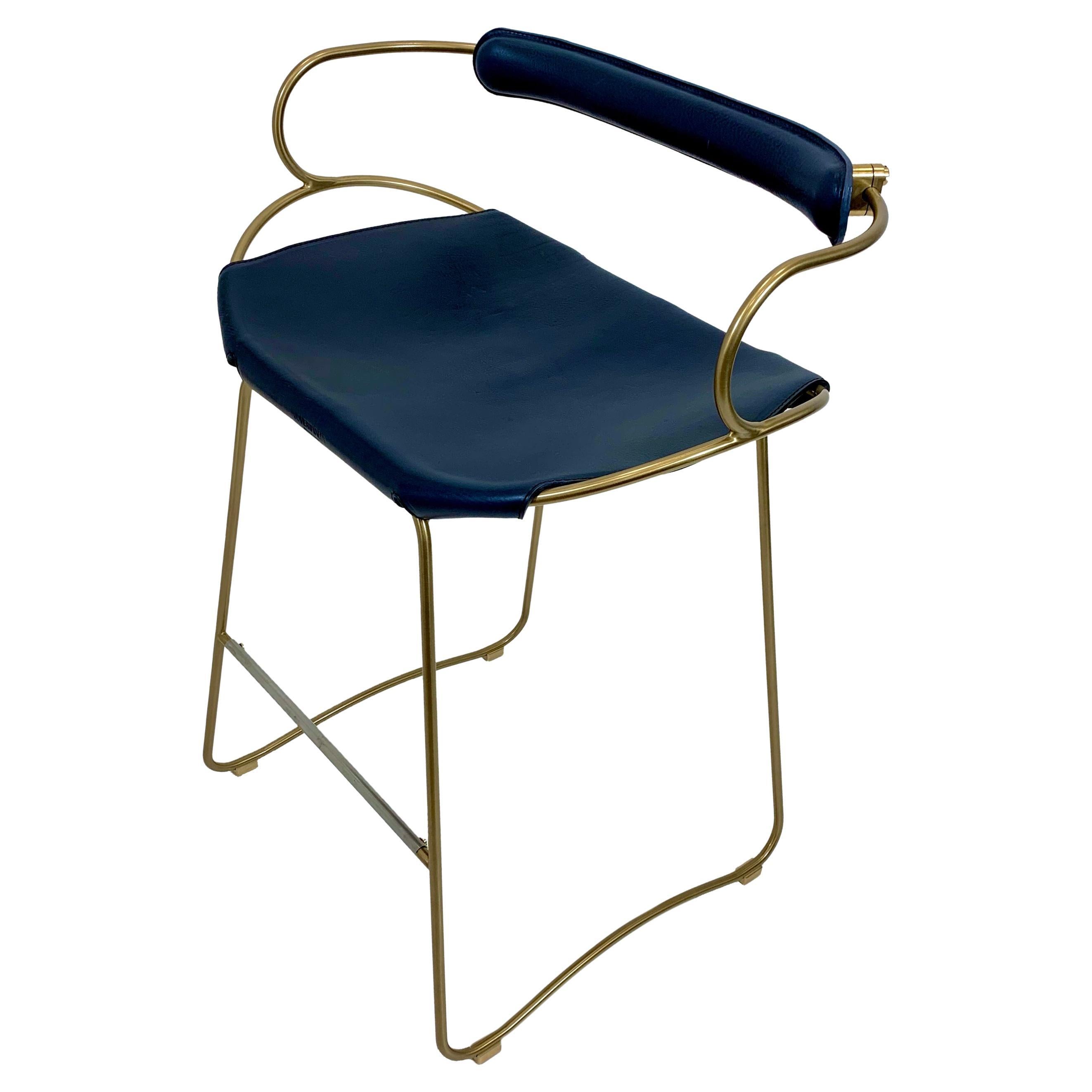 Contemporary Kitchen Counter Bar Stool w. Backrest Brass Metal & Navy Leather For Sale