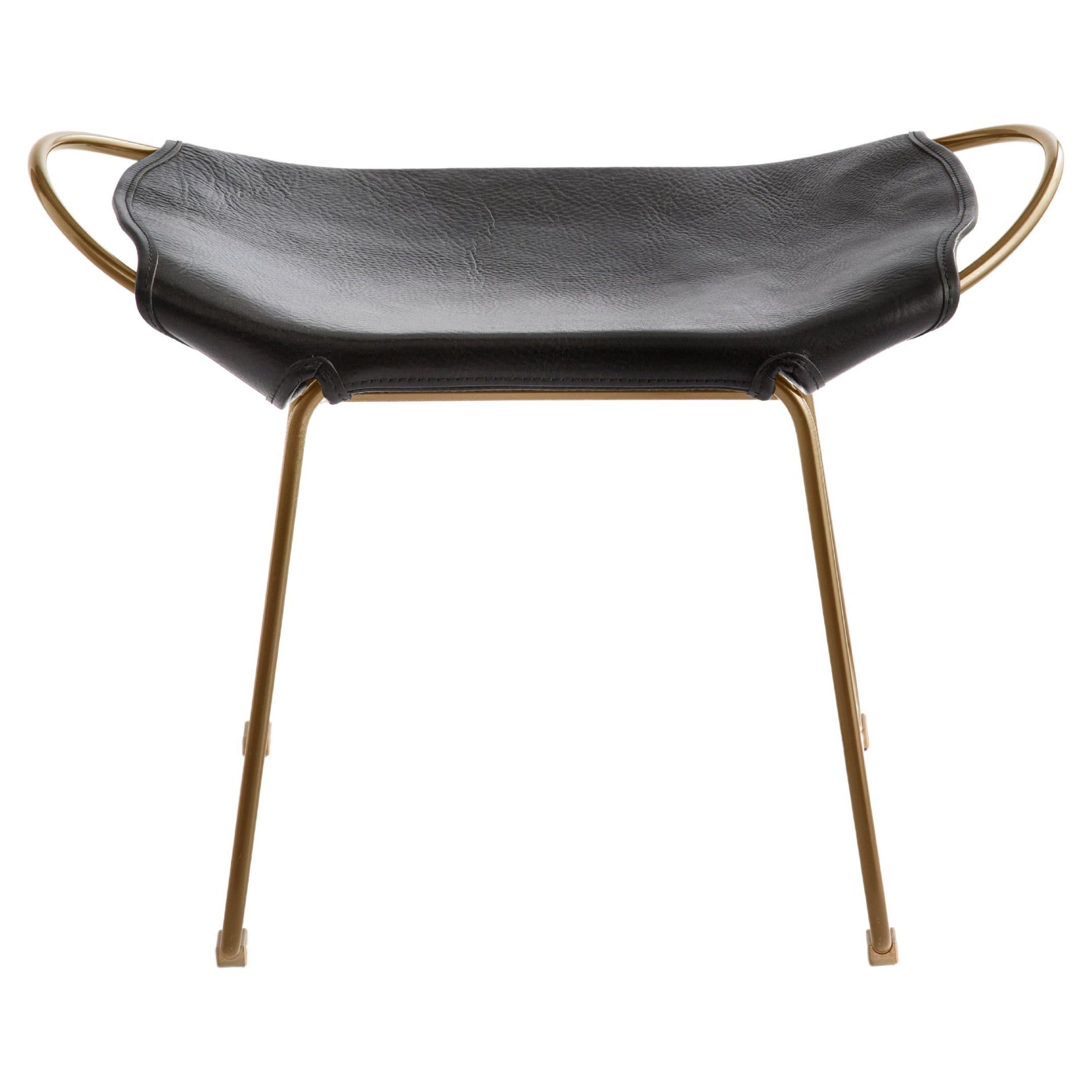 Footstool, Brass Steel and Black Saddle Leather, Modern Style, Hug Collection