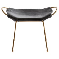 Footstool, Brass Steel and Black Saddle Leather, Modern Style, Hug Collection