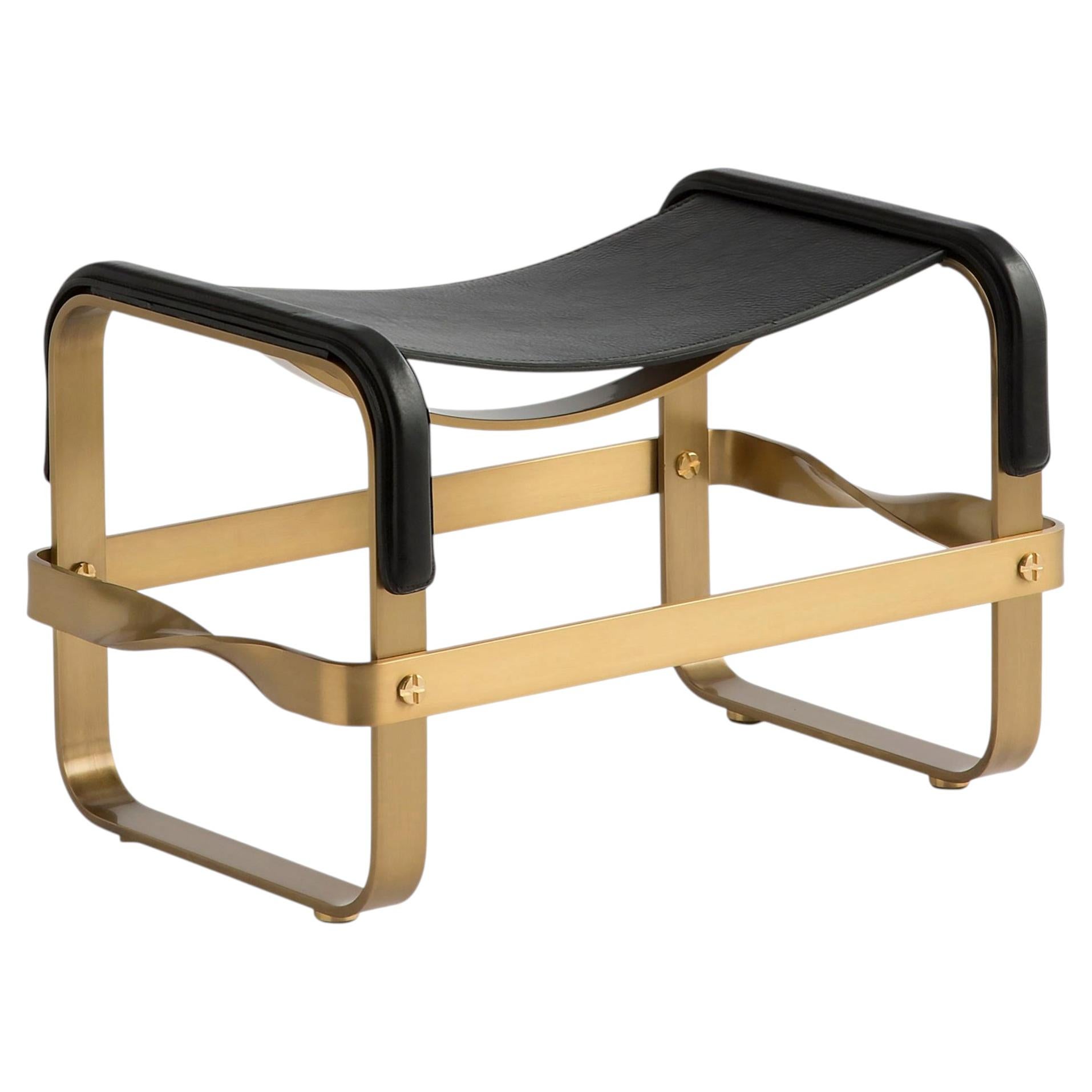 Footstool Aged Brass Steel & Black Leather, Modern Style, Wanderlust