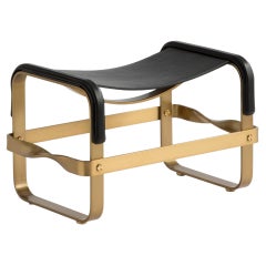 Fußhocker aus gealtertem Messing, Stahl und schwarzem Leder, moderner Stil, Wanderlust