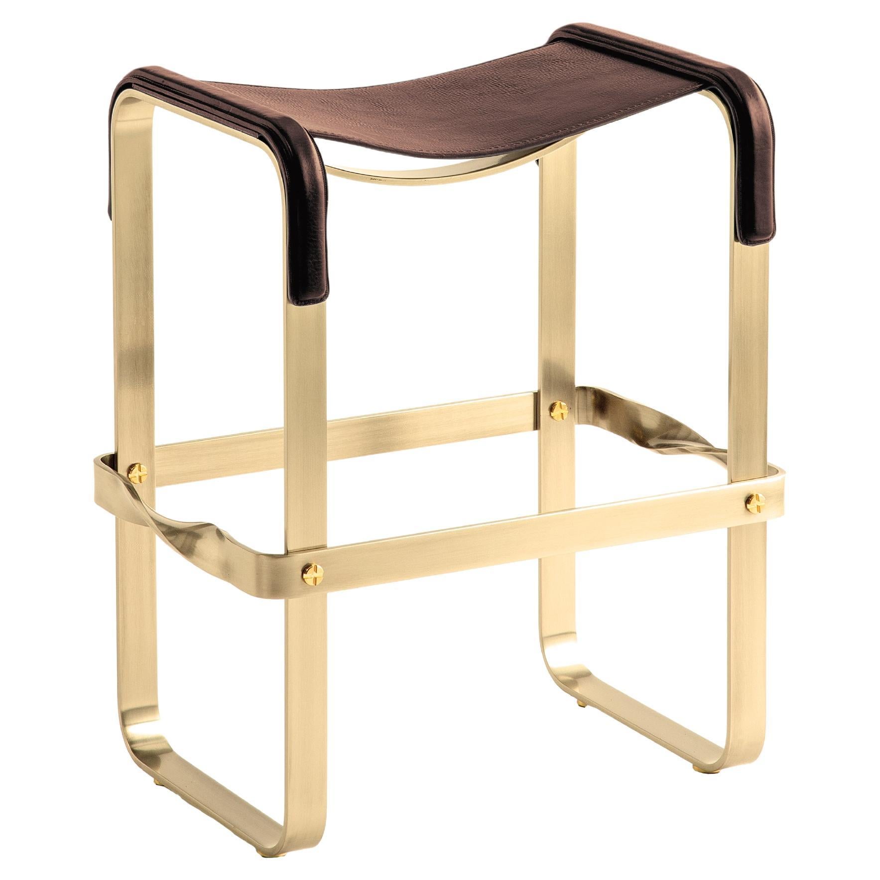 Tabouret de bar de comptoir de cuisine contemporain Acier laiton vieilli et cuir Brown foncé