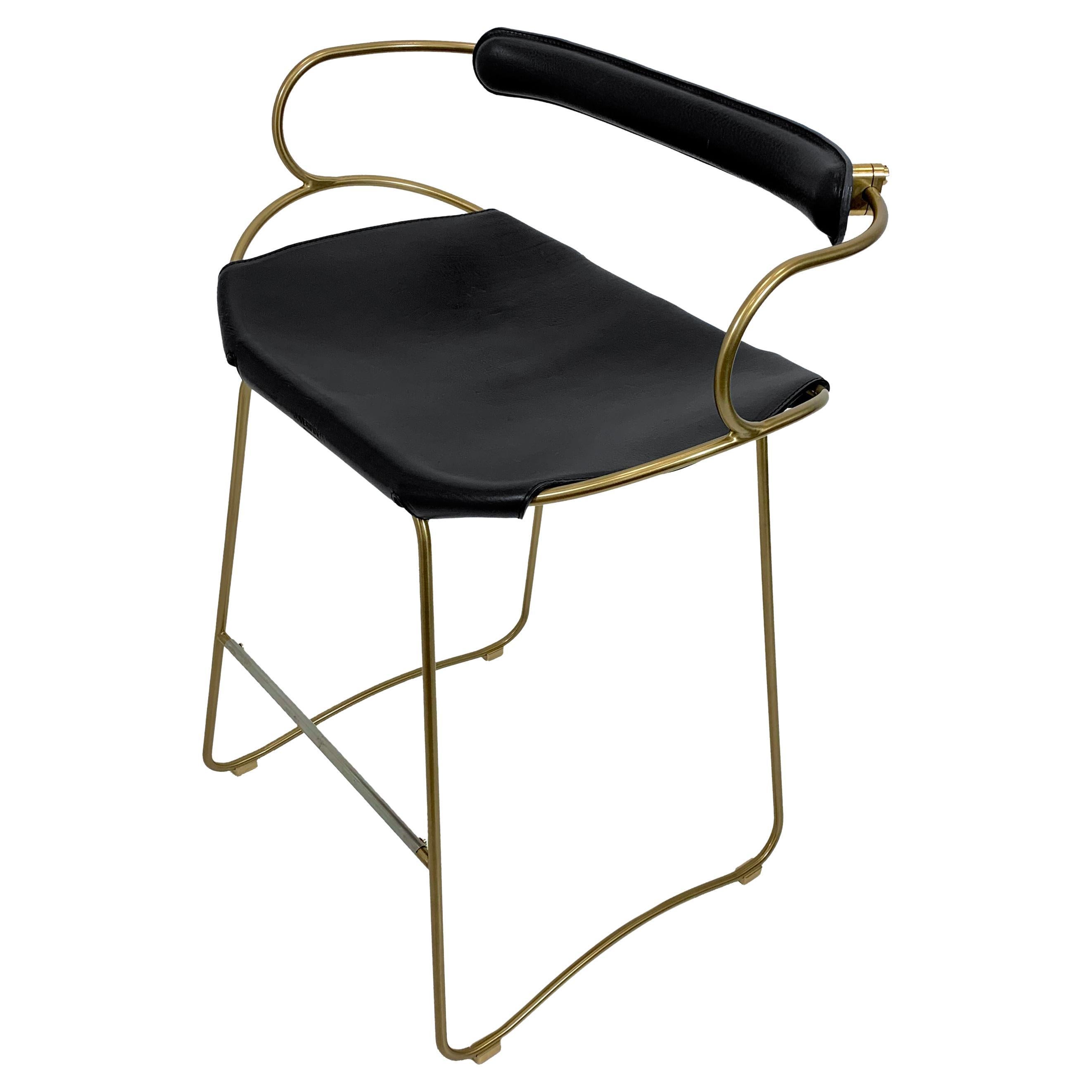 Sculptural Kitchen Counter Bar Stool w Backrest Brass Metal & Black Leather