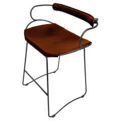 Kitchen Counter Bar Stool with Backrest Black Smoke Metal & Cognac Leather