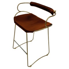 Contemporary Sculptural Bar Stool w. Backrest Aged Brass Metal Cognac Leather