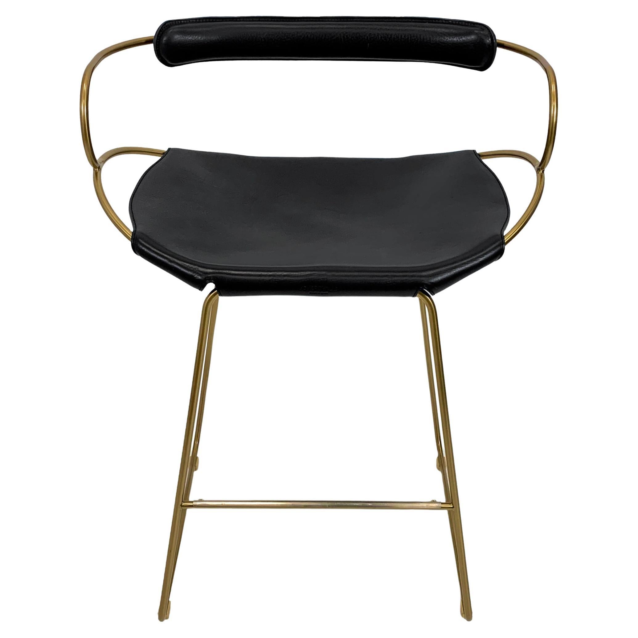 Tabouret de bar contemporain w. Dossier métal laiton vieilli et cuir noir