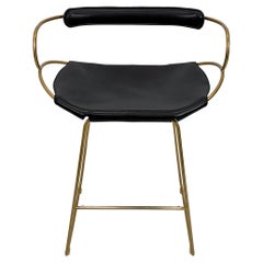 Contemporary Bar Stool w. Backrest Aged Brass Metal and Black Leather