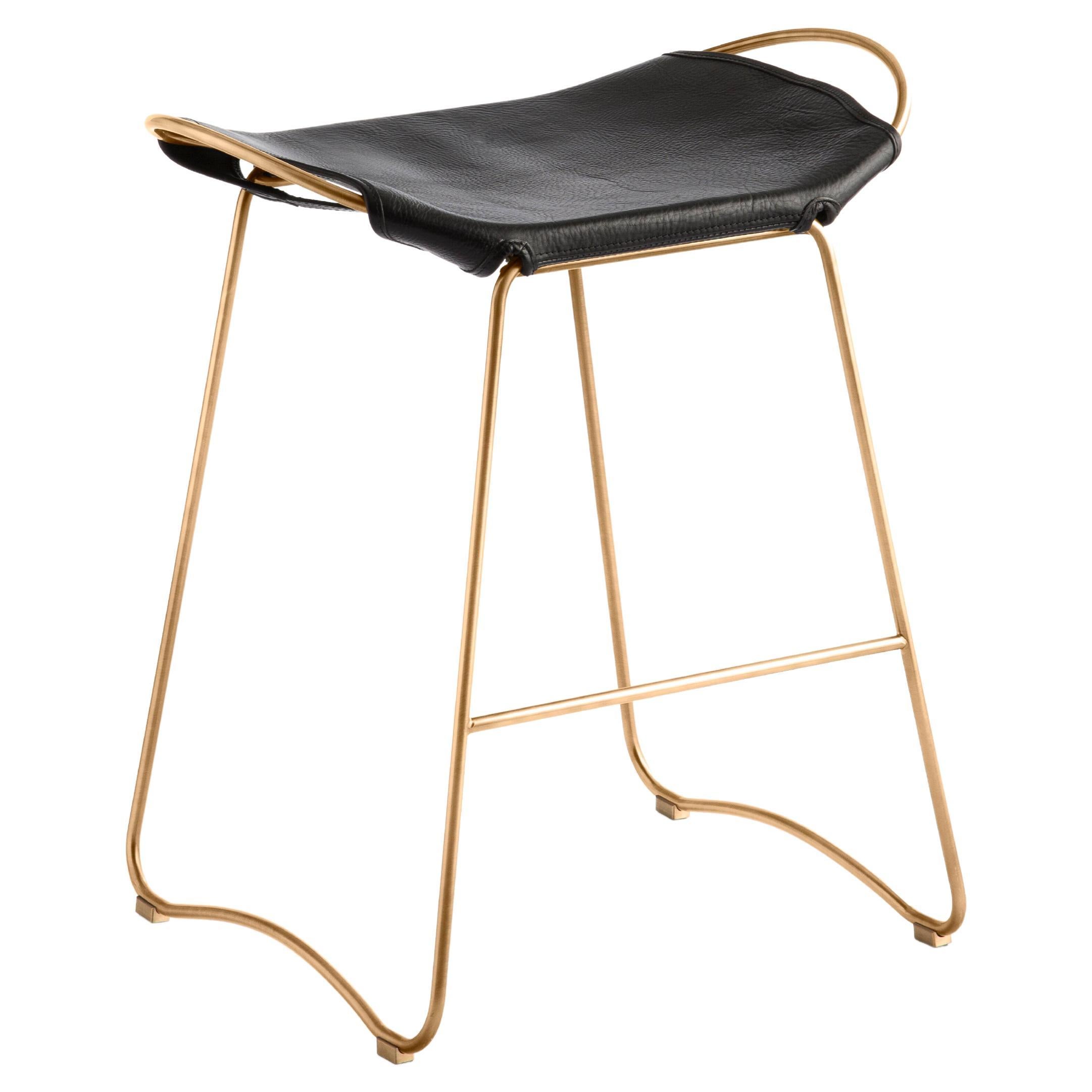 Contemporary Sculptural Organic Bar Stool, Aged Brass Metal & Black Leather For Sale