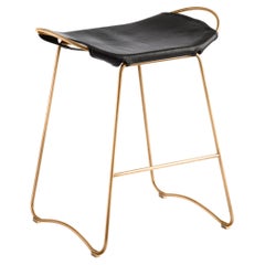 Contemporary Sculptural Organic Bar Stool, Aged Brass Metal & Black Leather