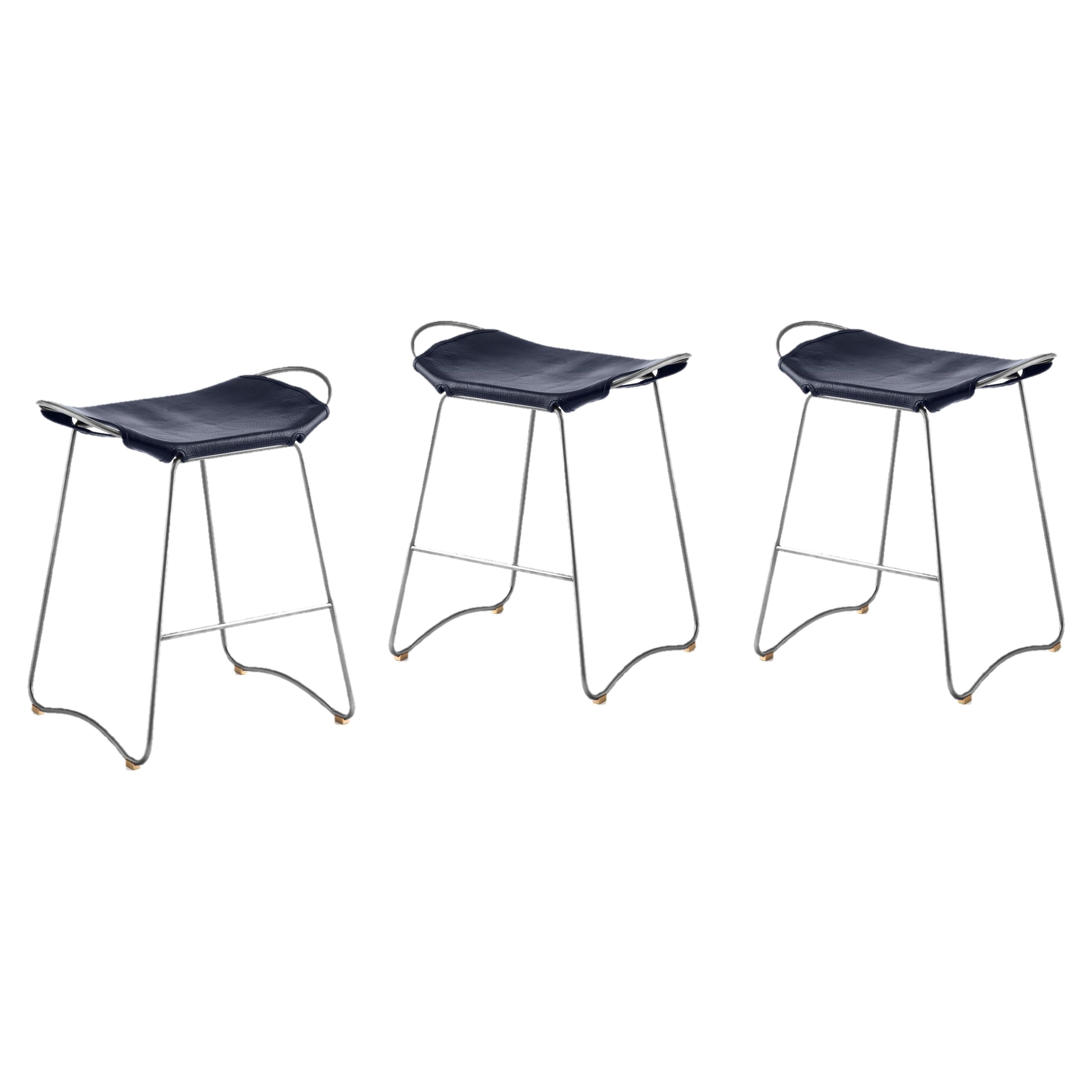 Set of 3 Contemporary Kitchen Counter Barstool Black Metal, Navy Blue Leather For Sale