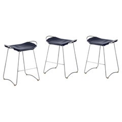 Set of 3 Contemporary Kitchen Counter Barstool Black Metal, Navy Blue Leather