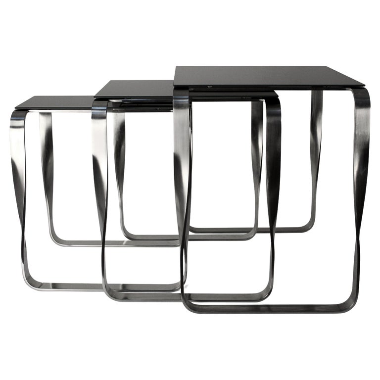 Nest Side Table, Aged Silver & Black Glass, Contemporary Design For Sale