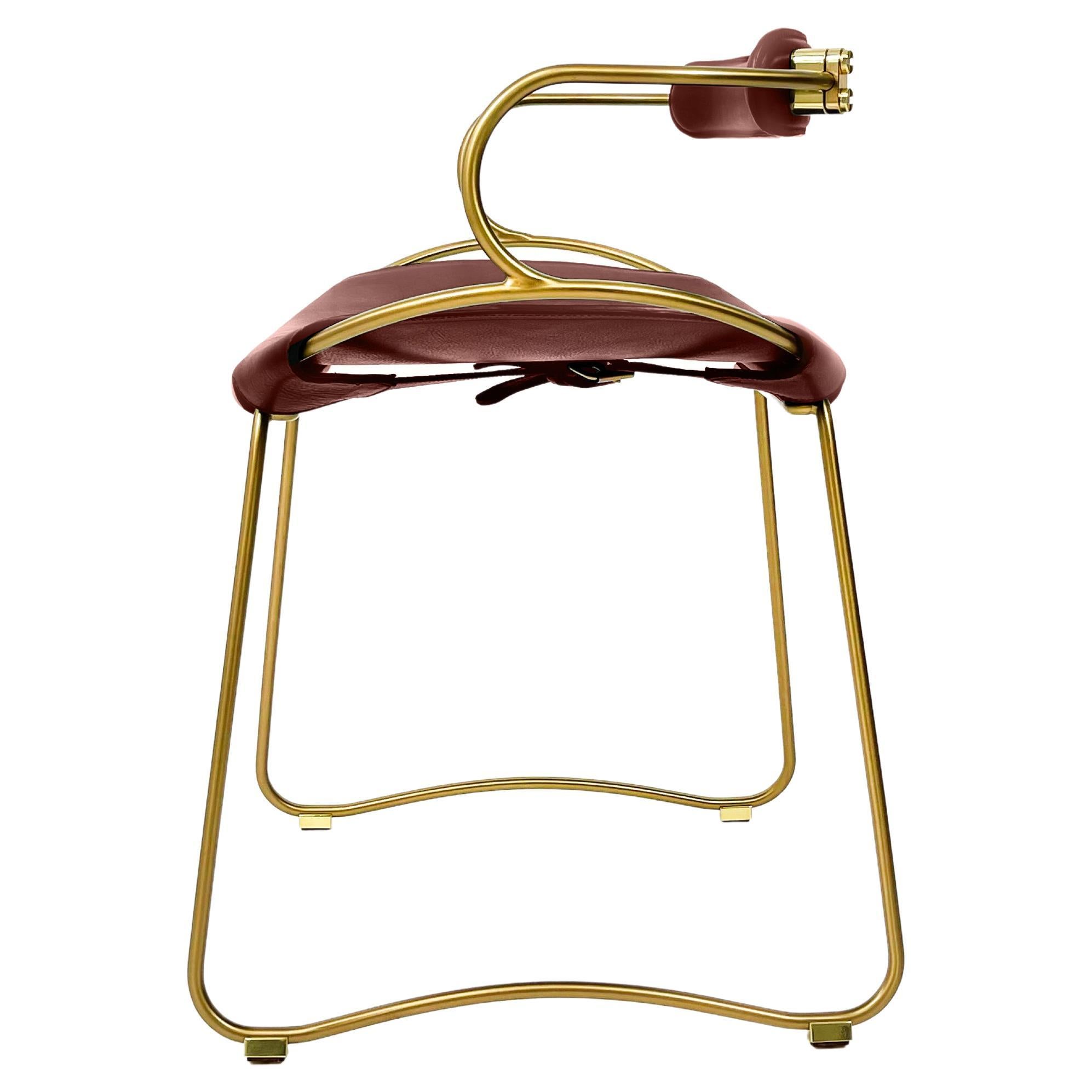 Table Height Organic BarStool w. Backrest Aged Brass Metal & Dark Brown Leather  For Sale