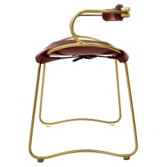 Table Height Organic BarStool w. Backrest Aged Brass Metal & Dark Brown Leather 