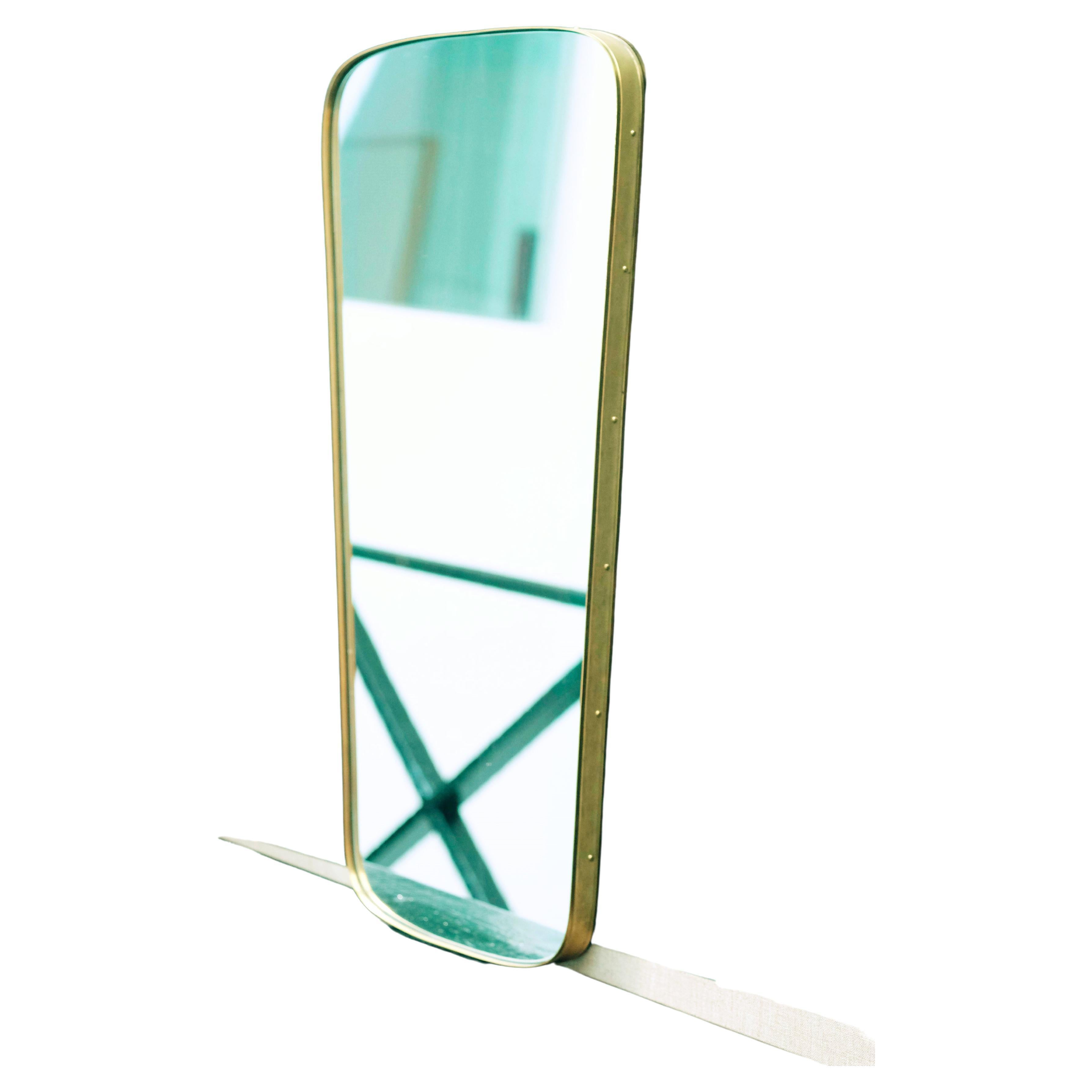 Mid-Century Style Rectangular Mirror Round Edges & Embossed Brass Frame Small For Sale