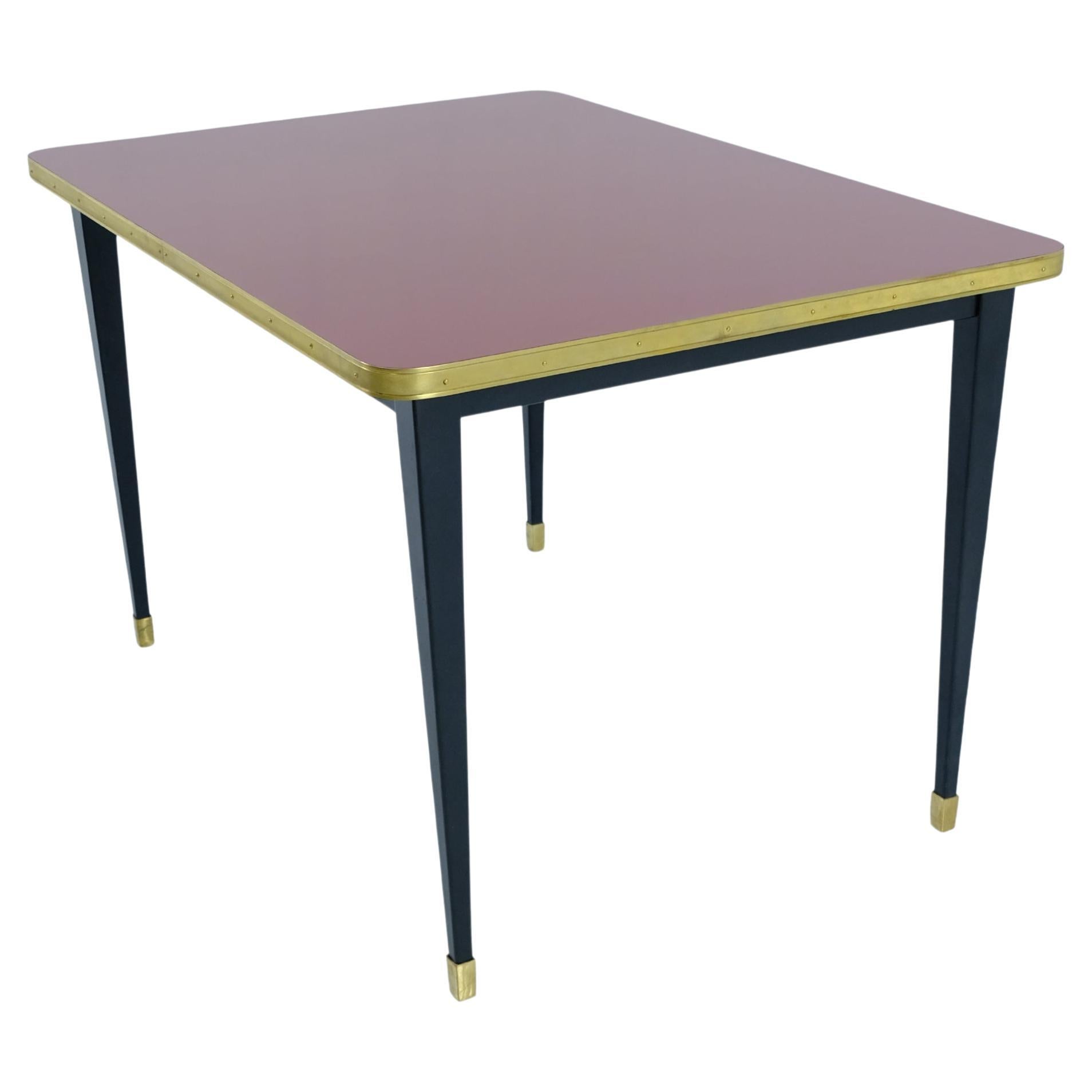 Dinning Table, High Gloss Laminate, Brass, Conic Legs, Burgundy- M For Sale