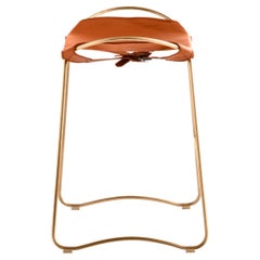 Sgabello da bancone con struttura in ottone invecchiato e pelle color tabacco naturale — Campione da studio