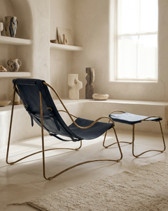 Aged Brass & Navy Blue Leather Chaise Longue, Studio Sample Ready to Ship