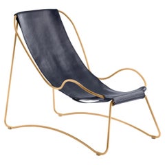 Aged Brass & Navy Blue Leather Chaise Longue, Studio Sample Ready to Ship
