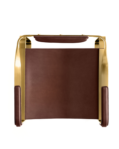 Armchair Aged Brass Structure & Chocolate Leather, Studio Sample Ready to Ship