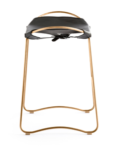 Counter Stool Aged Brass Structure & Black Leather, Studio Sample Ready to Ship