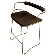 Bar Stool, Aged Brass & Darck Brown Leather, Studio Sample Ready to Ship