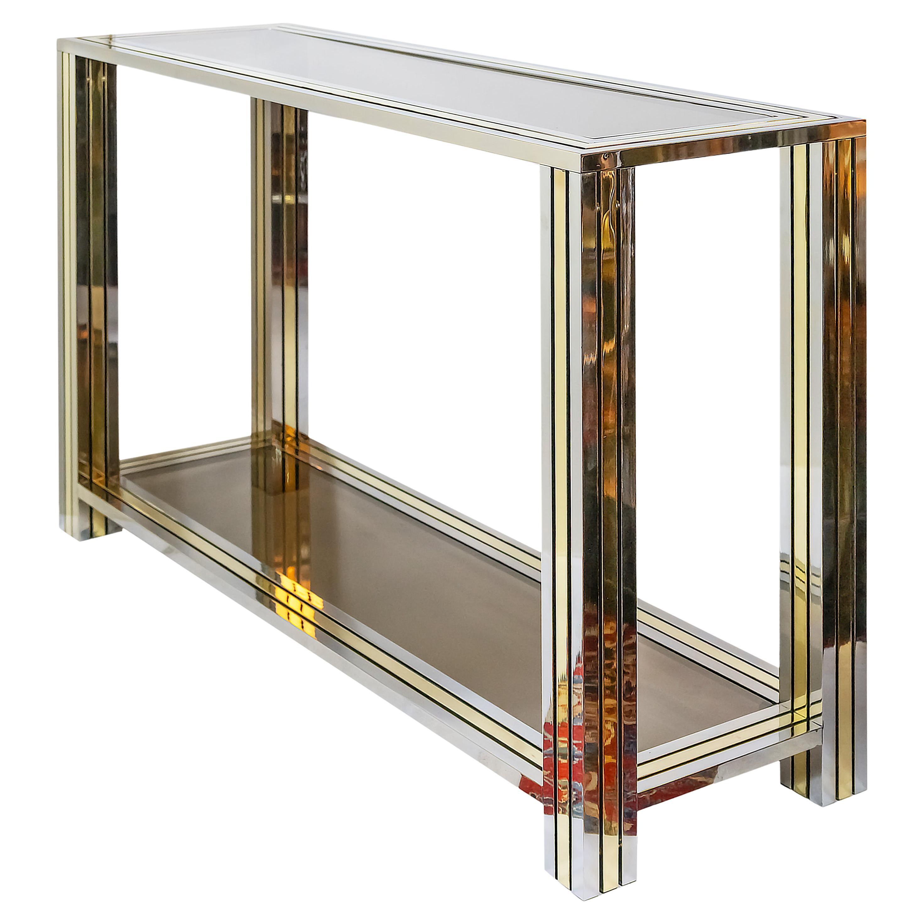 Mid-Century Italian Brass, Chrome and Glass Top Console Table