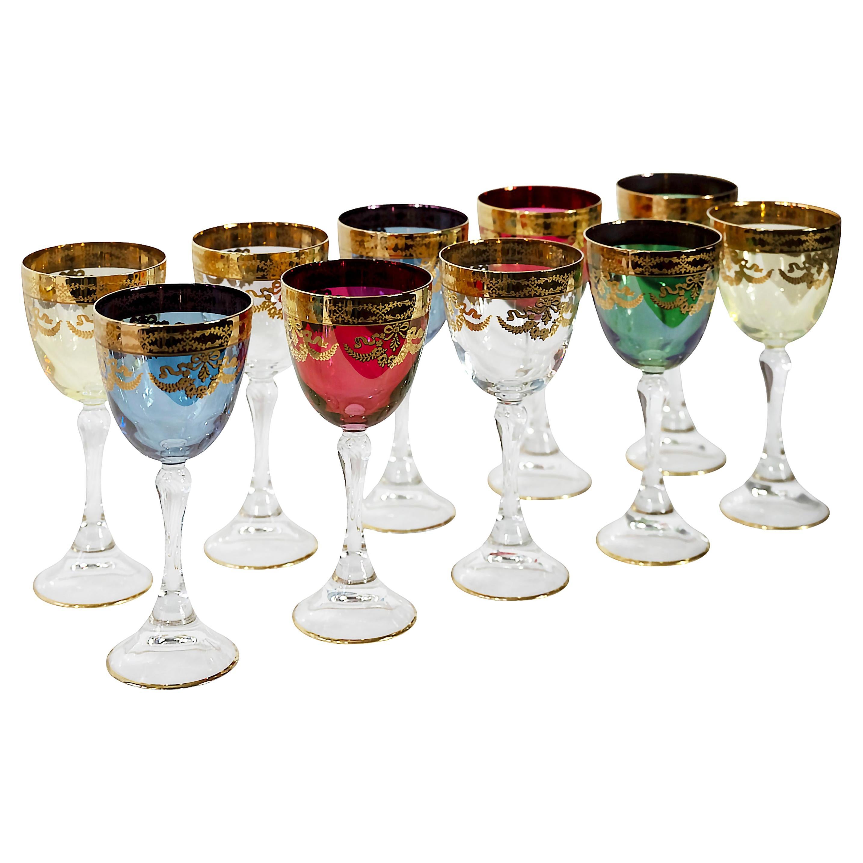 Set of 10 Pcs. Vintage Italian Various Colors Gilt Wine Glasses