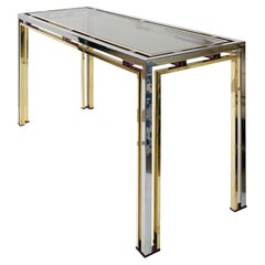 Table console italienne du milieu du siècle en laiton, chrome et verre par Romeo Rega